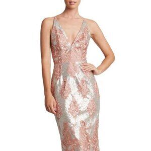 Dress the Population Pink Silver Sequin Lace Midi Dress XS Formal Wedding Guest